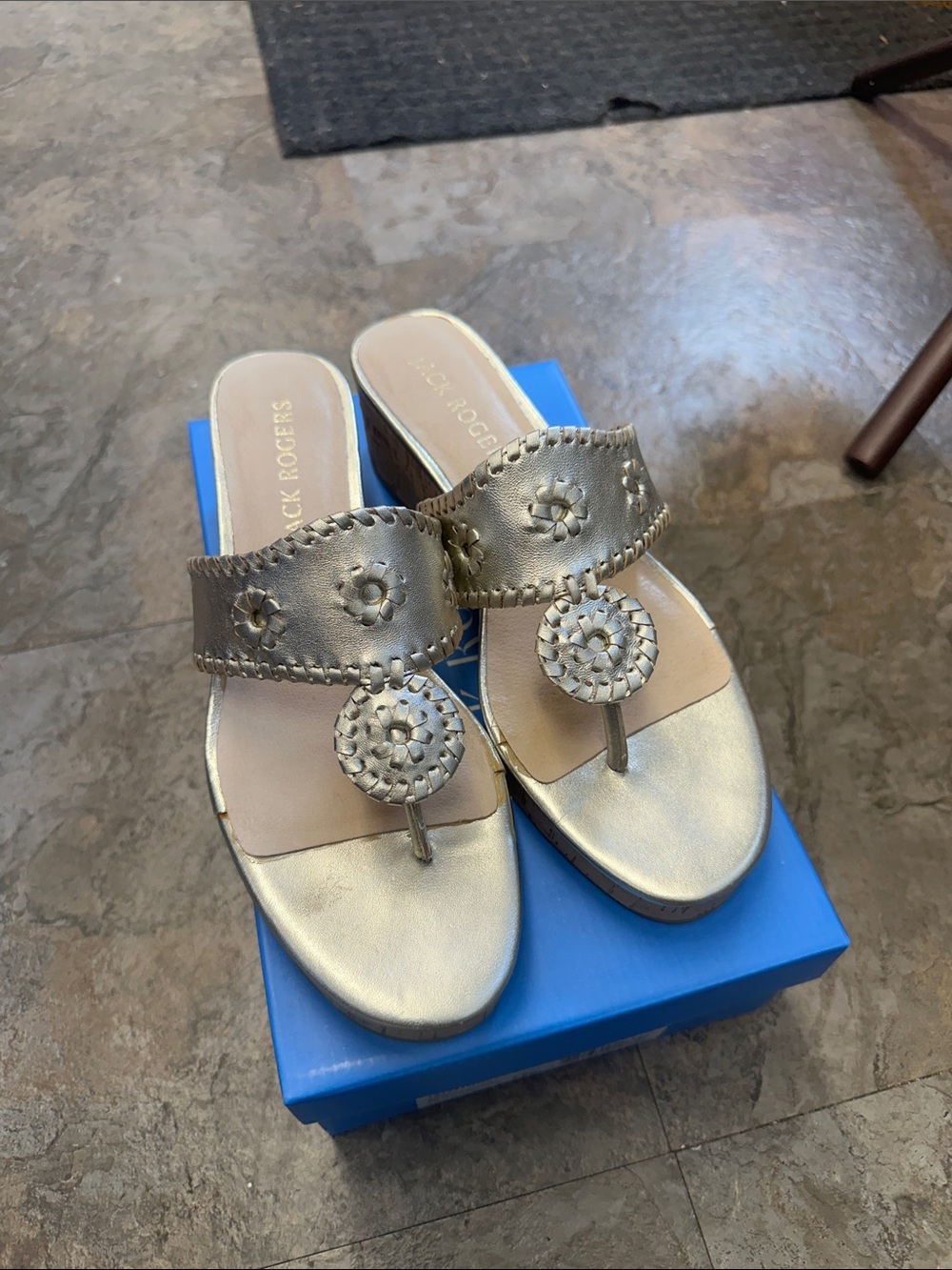 Jack Rogers Metallic Gold Thong Wedge Sandals with Medallion
